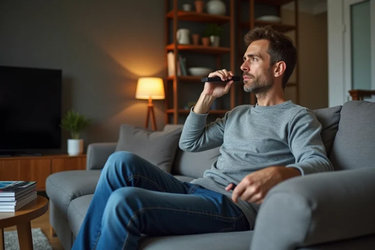 Homme d'âge moyen regardant la télévision dans un salon