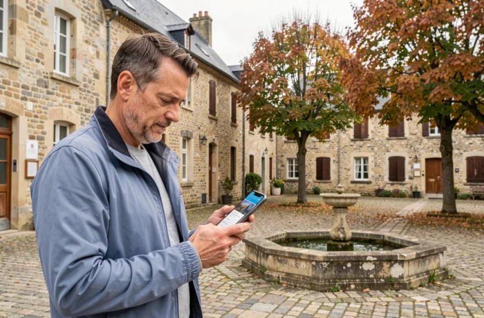Homme consultant des informations locales sur smartphone dans un village typique du Pays de Retz en Loire-Atlantique