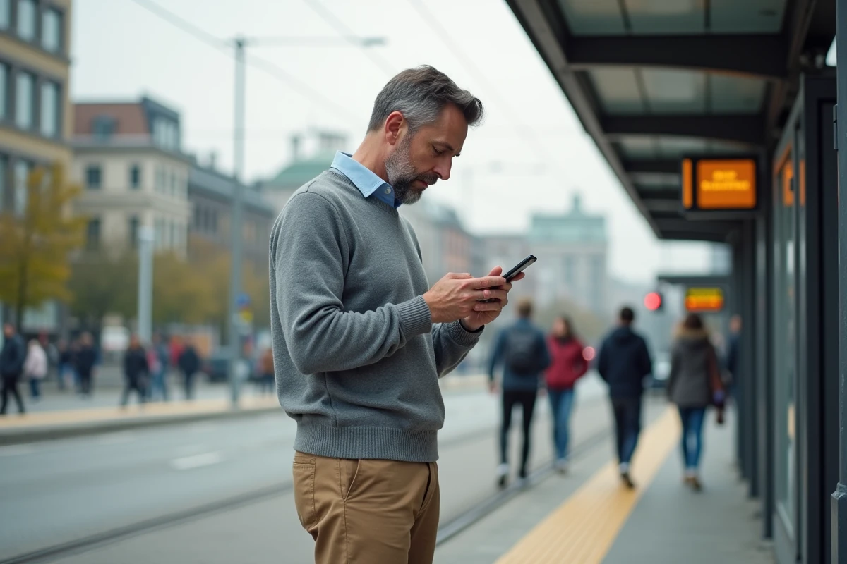 Homme d age moyen regardant son smartphone dans la rue