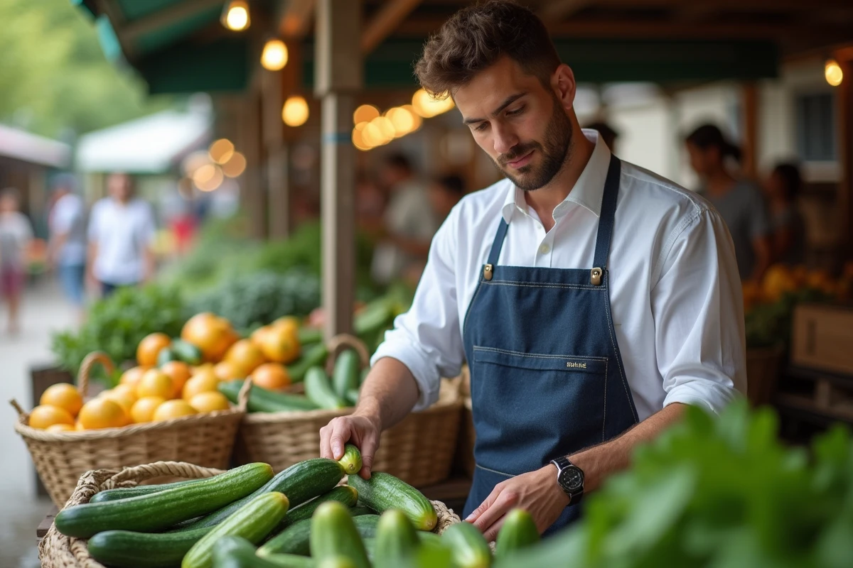 Jeune homme triant des concombres au marché en plein air