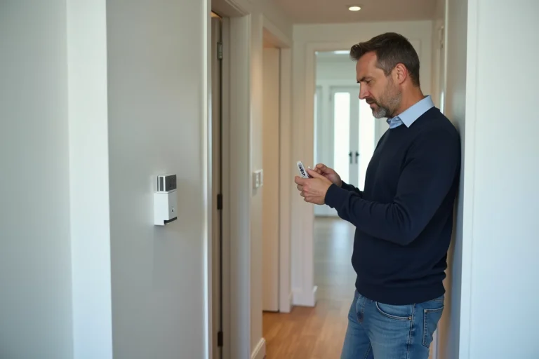 Homme d'âge moyen vérifiant un badge de sécurité dans un appartement