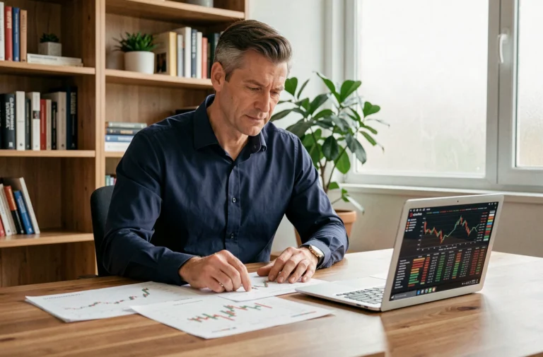 Homme analysant des graphiques boursiers sur son bureau à domicile avec un ordinateur portable et des documents financiers