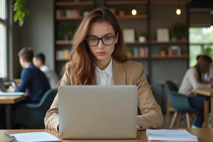 Jeune femme en coworking met à jour son CV sur son ordinateur
