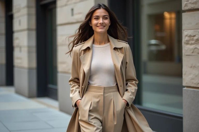 Jeune femme élégante en trench beige dans la ville