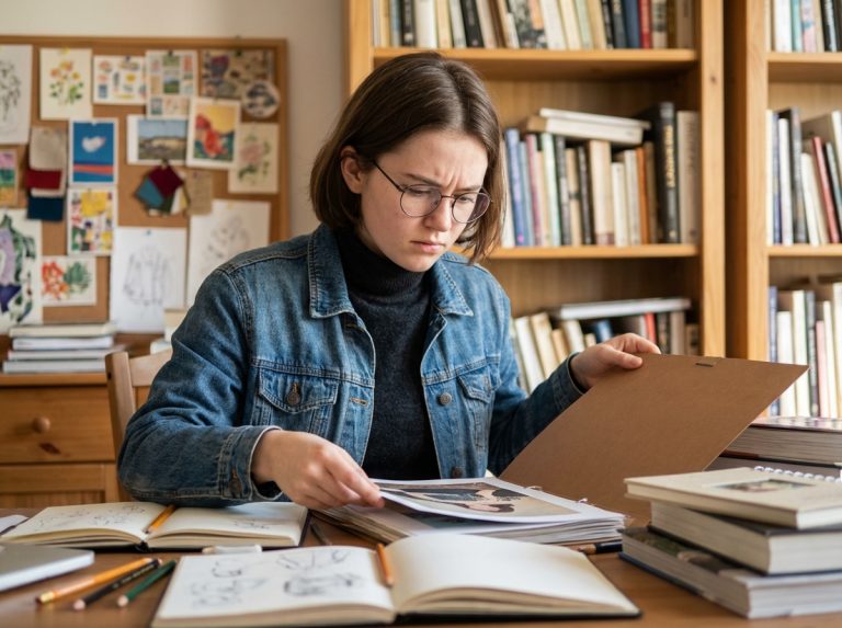 Jeune femme concentrée arrangeant son portfolio dans un atelier lumineux