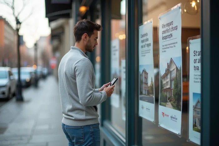 Un jeune homme consulte des offres immobilières en vitrine d'une agence pour financer son projet