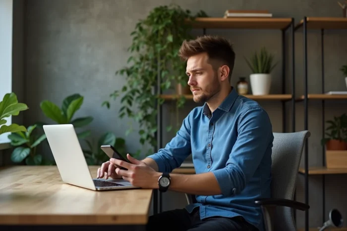 Jeune homme au bureau avec ordinateur et smartphone