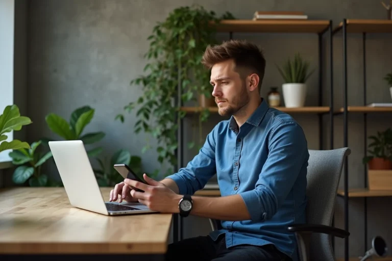 Jeune homme au bureau avec ordinateur et smartphone