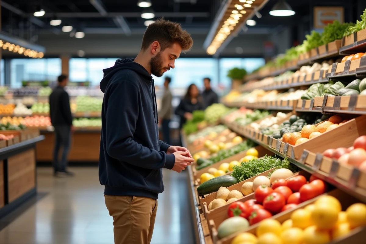Jeune homme regardant des légumes frais dans un supermarché nantais