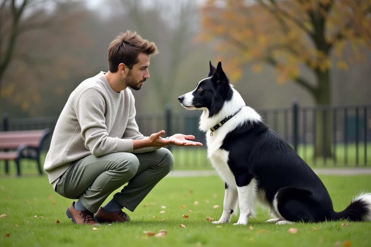 Jeune homme avec un border collie dans un parc en plein air