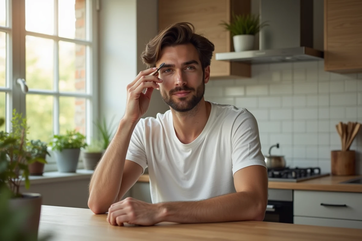 Jeune homme se coiffant les sourcils dans la cuisine