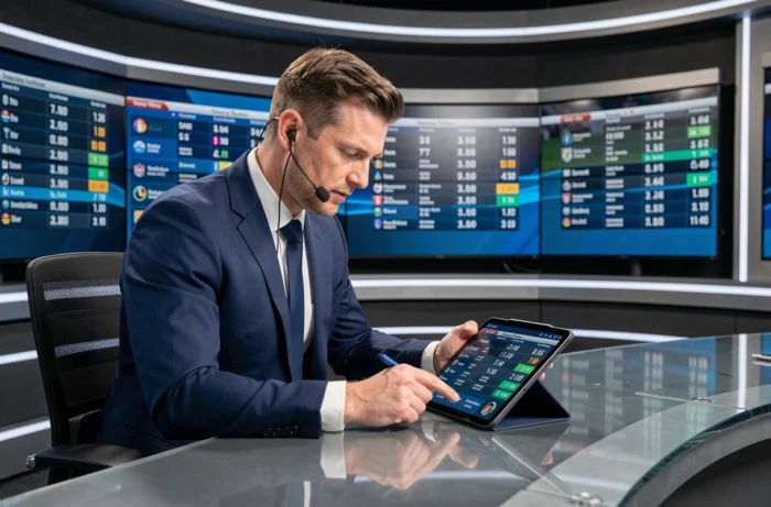Journaliste sportif en direct sur un plateau télévisé analysant les résultats en temps réel