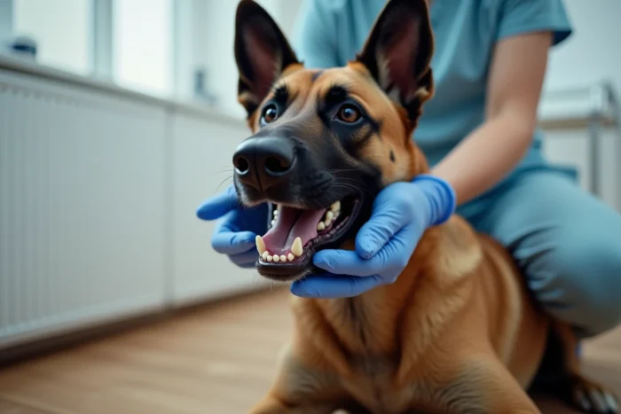 Gros plan sur la mâchoire d'un berger malinois lors d'un examen vétérinaire montrant ses dents et muscles masticateurs