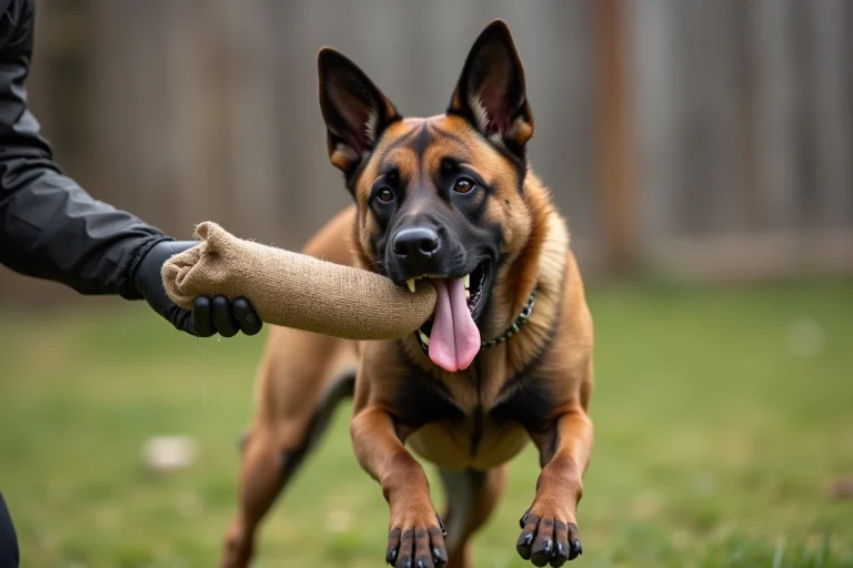 Malinois belge mordant un manchon de protection lors d'un entraînement de mordant en plein air