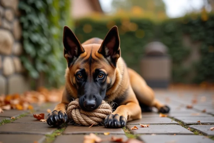 Berger malinois mâchant vigoureusement une corde nouée dans un jardin en automne illustrant la puissance de sa mâchoire