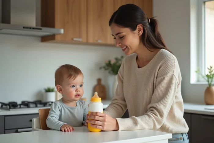 Jeune maman préparant un biberon dans la cuisine moderne