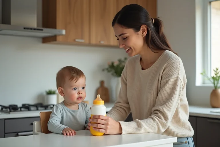 Jeune maman préparant un biberon dans la cuisine moderne