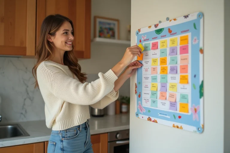 Jeune maman souriante organisant un calendrier familial dans la cuisine