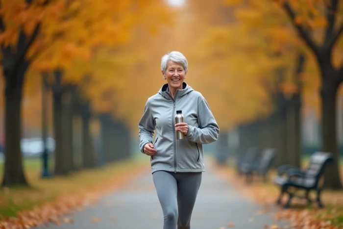 Femme active d'une cinquantaine d'années marchant dans un parc en automne pour maintenir sa santé
