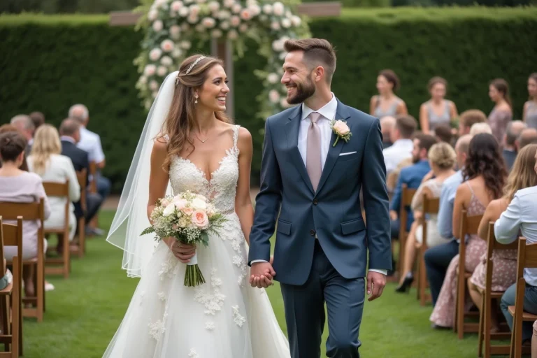 Jeune couple de mariés dans un jardin lors d'un mariage