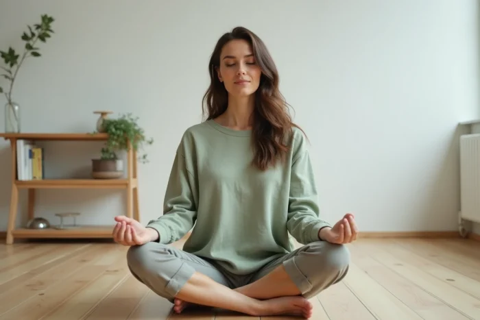 Femme pratiquant la méditation chez elle pour prendre soin de son bien-être au quotidien
