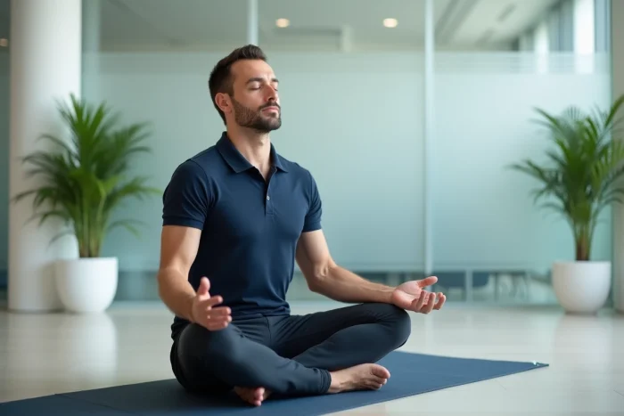 Professionnel pratiquant la méditation en pleine conscience dans un espace bien-être d'entreprise