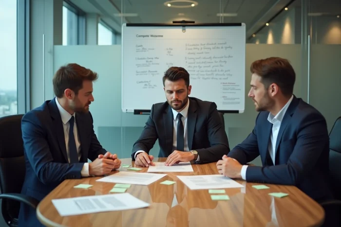 Équipe de professionnels en train de négocier avec des acquéreurs potentiels lors d'une réunion de cession d'entreprise