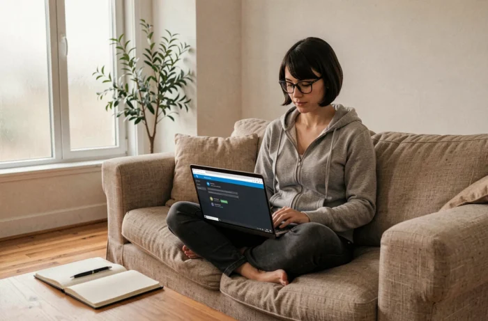 Femme avec lunettes optimisant les paramètres de sécurité Windows sur un ordinateur portable dans un salon contemporain