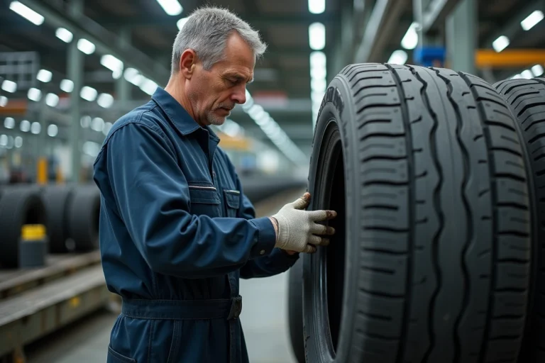 Ouvrier d'usine inspectant un pneu Sebring en atelier