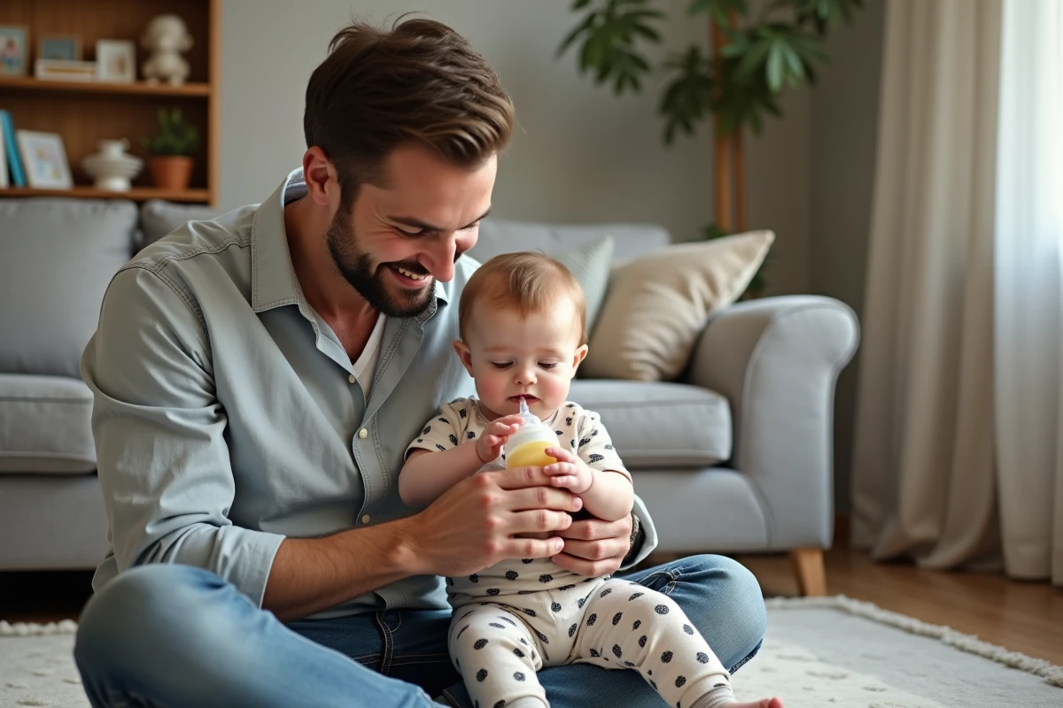 Père souriant rassurant sa fille avec un biberon dans le salon