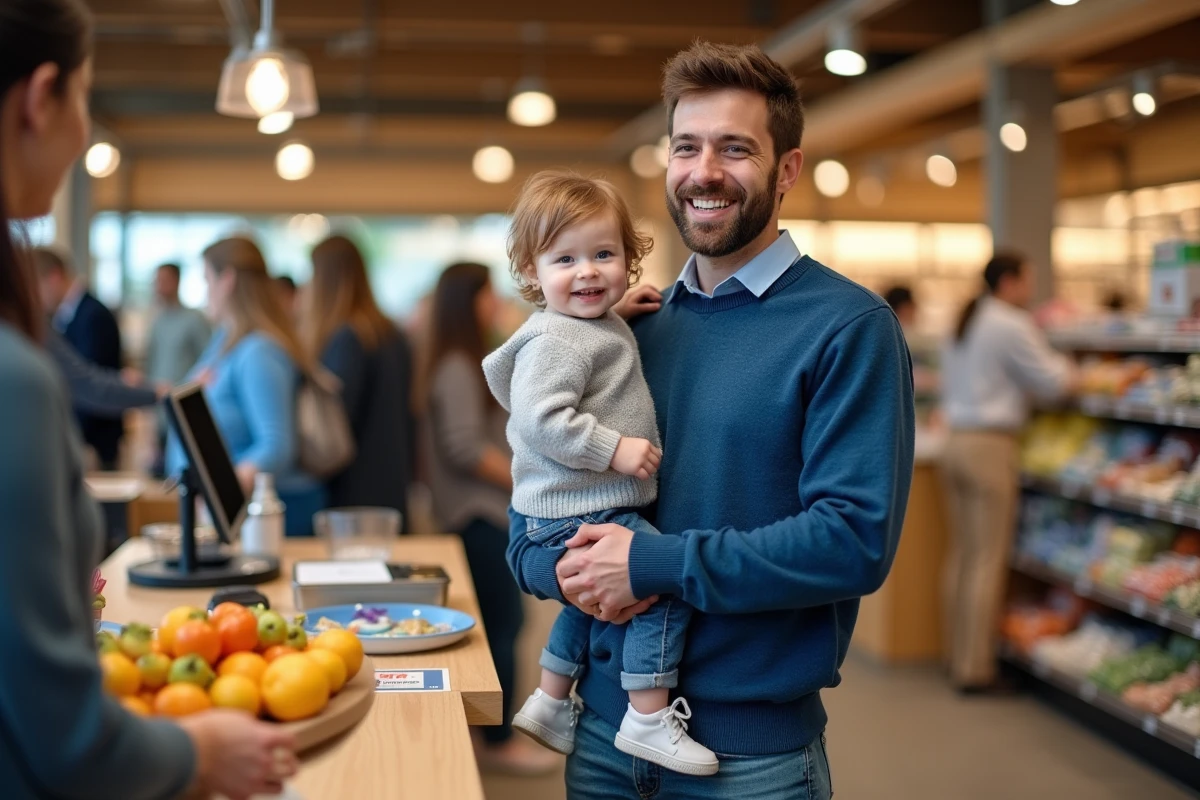 Pere et enfant à la caisse du supermarche