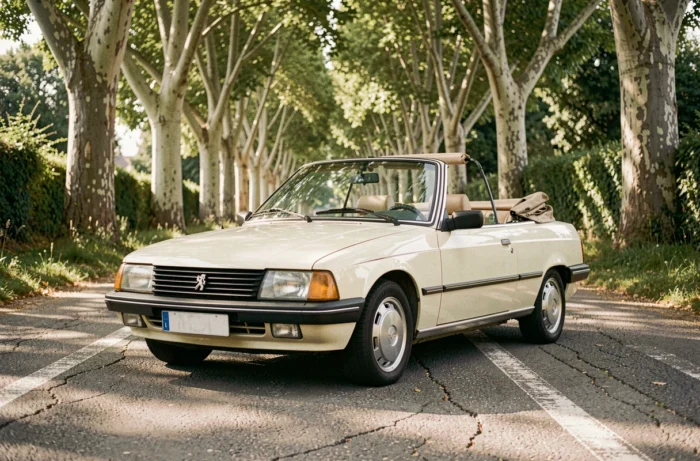 Peugeot 305 cabriolet crème capote ouverte sur route de campagne française bordée de platanes