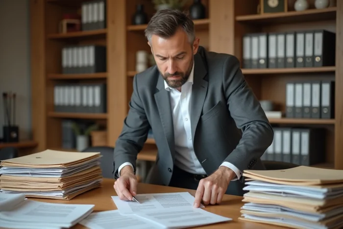 Professionnel préparant et organisant la documentation et les dossiers nécessaires à la vente de son entreprise