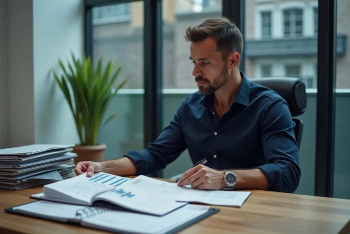 Chef d'entreprise préparant la vente de son entreprise en révisant des documents financiers et stratégiques à son bureau