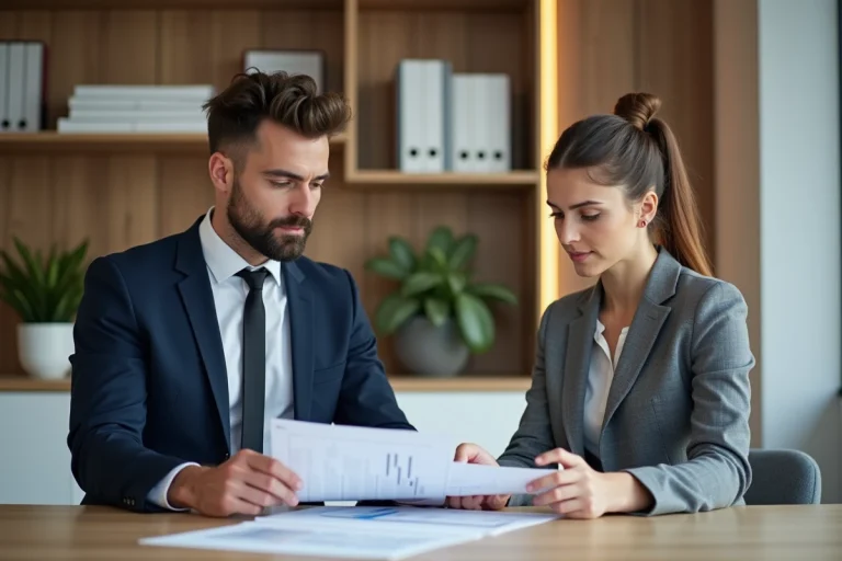 Deux professionnels en réunion dans un bureau moderne