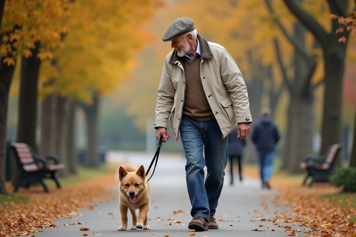 Homme âgé promenant son chien dans un parc automnal