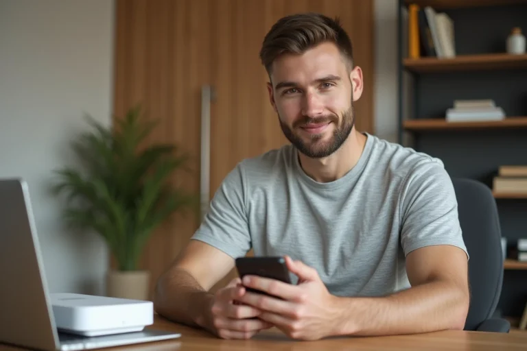 Homme consultant son forfait Free Mobile sur smartphone à côté d'une Freebox sur un bureau en bois