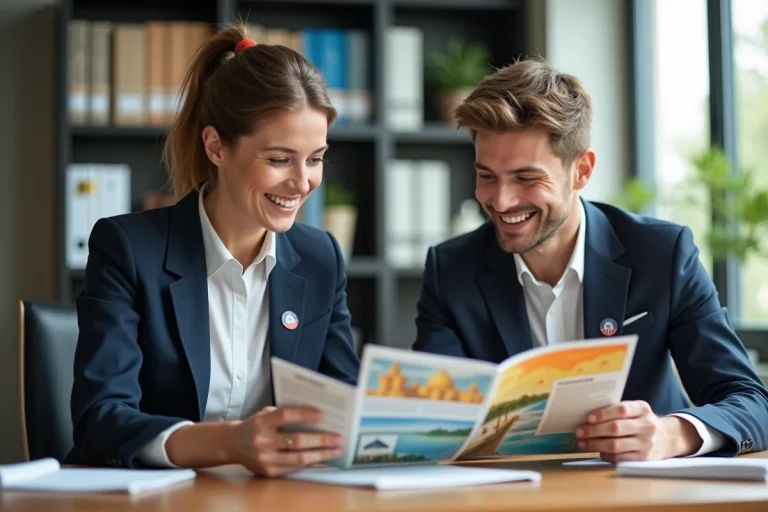 Femme et jeune homme souriants examinant brochures Touloisirs