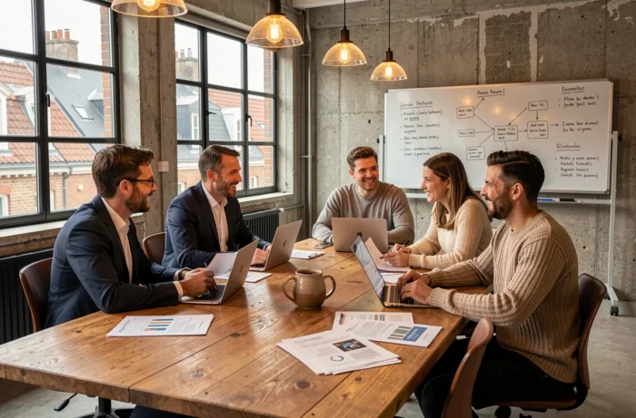 Réunion d'affaires dans un espace de co-working moderne à Rennes avec plusieurs professionnels autour d'une table en bois
