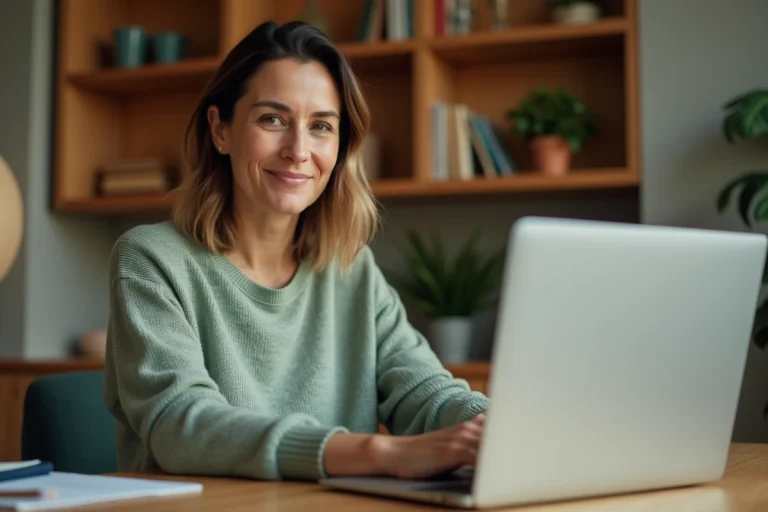 Femme professionnelle participant à une séance de bien-être en ligne depuis son bureau à domicile
