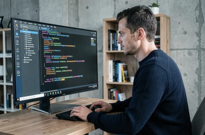 Homme en pull marine travaillant sur la sécurisation d'un système d'exploitation Linux depuis un bureau à domicile moderne