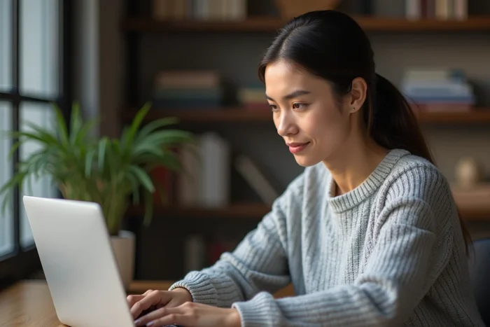 Femme utilisant un gestionnaire de mots de passe sur son ordinateur portable dans un bureau à domicile moderne, illustrant les bonnes pratiques de sécurité numérique