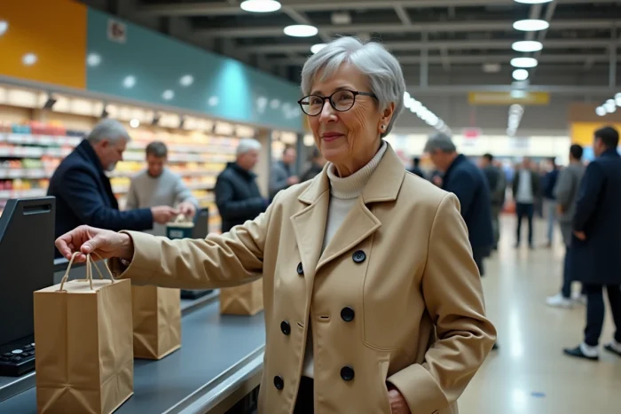 Femme senior avec courses au supermarche