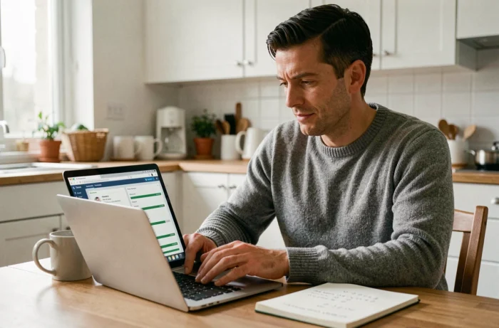 Homme calculant et comparant le rendement du taux Quadreto Caisse d'Épargne face au PEL depuis son domicile sur ordinateur portable