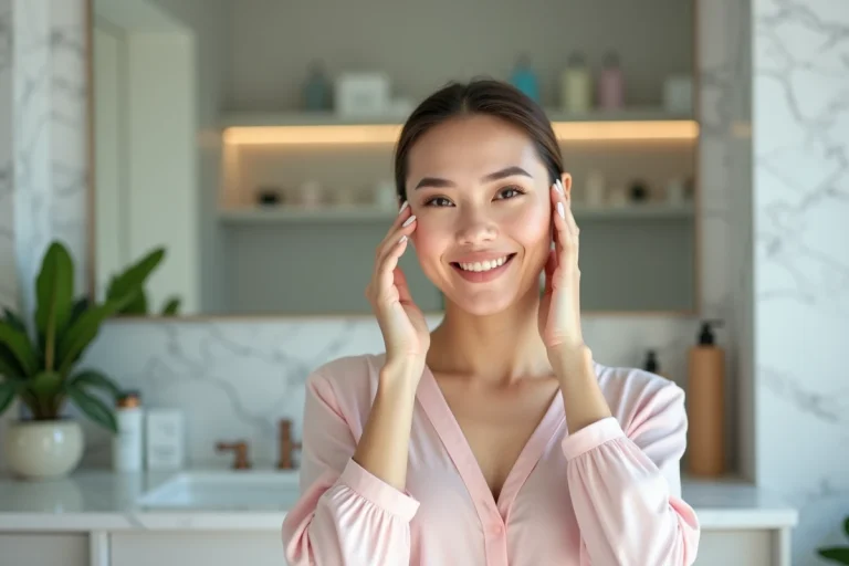 Femme appliquant un serum visage dans une salle de bain lumineuse