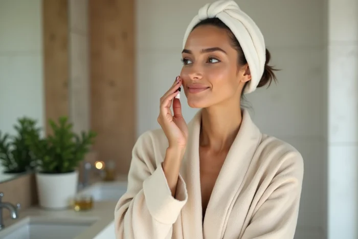 Femme appliquant un serum visage dans une salle de bain moderne