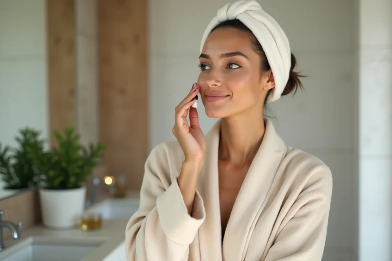 Femme appliquant un serum visage dans une salle de bain moderne