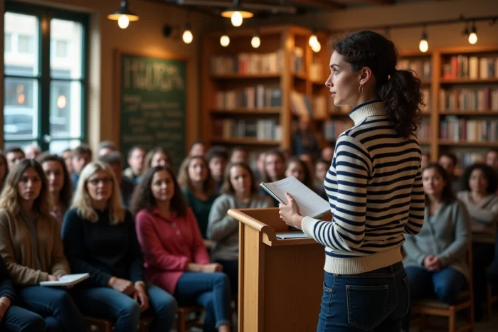 Jeune femme racontant une histoire lors d'une soirée littéraire dans une librairie indépendante