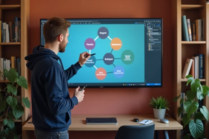 Développeur web masculin présentant une stratégie de référencement SEO sur un grand écran mural avec architecture de site