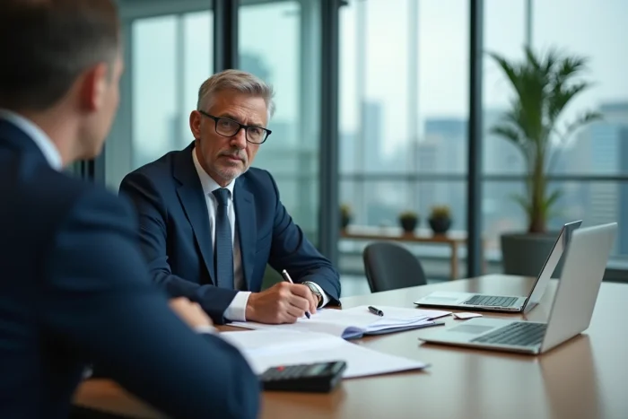 Consultant structurant l'offre et les conditions de vente d'une entreprise autour d'une table de réunion